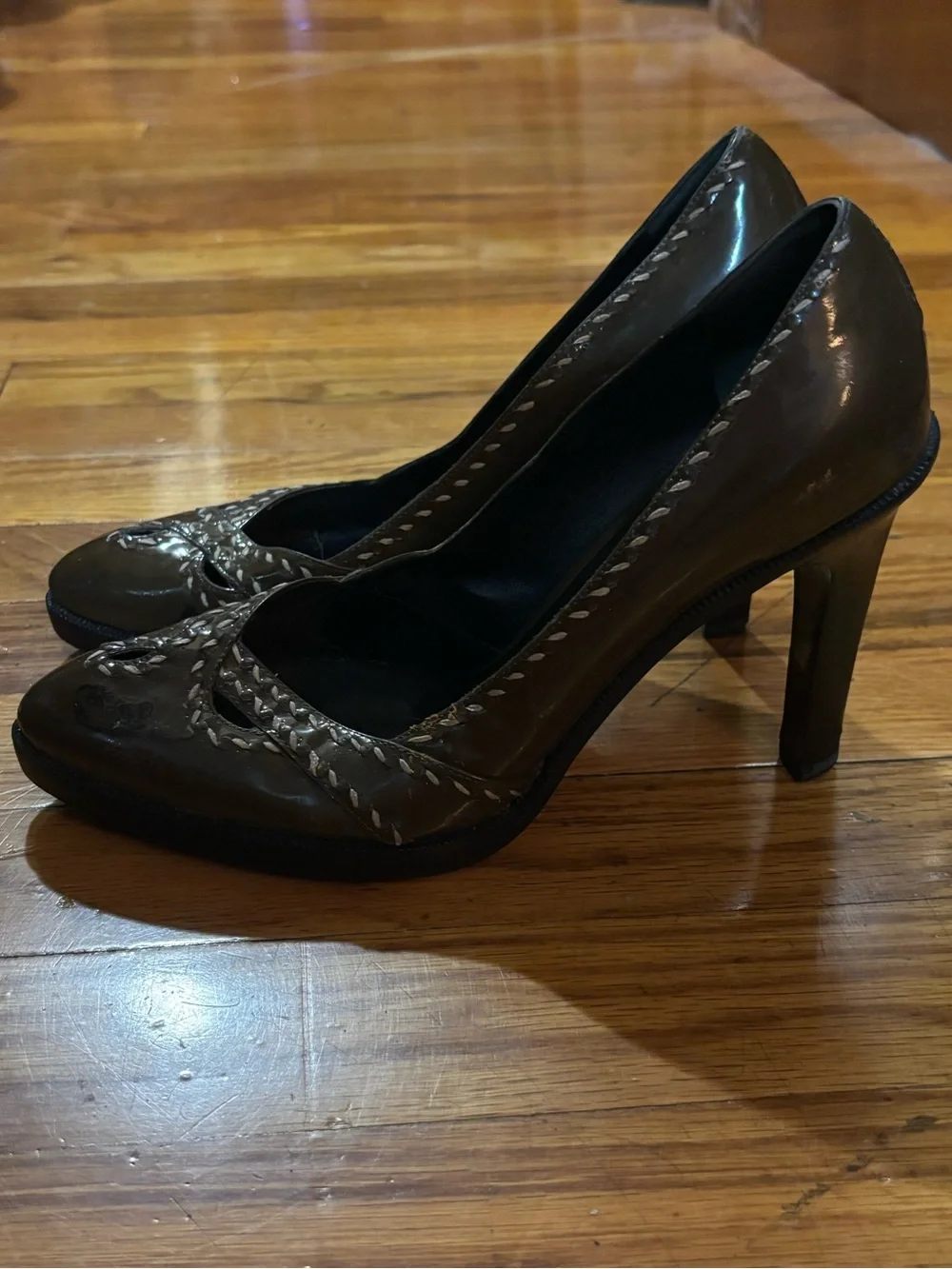 Vintage Bottega Veneta Olive Green Heels Whipstitch shoes Prada pumps 37.5 Gucci